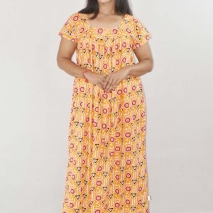 Yellow Maxi Nighty Square Neck Short Sleeves with Pipien