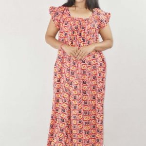 BDROX Pink Maxi Nighty Square Neck Short Sleeves with pleats