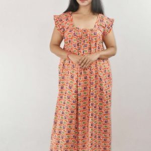 Orange Maxi Nighty Square Neck Short Sleeves with pleats