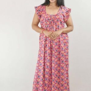 Pink Maxi Nighty Square Neck Short Sleeves with pleats