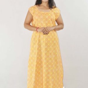 Yellow Cotton Maxi Nighty Round Neck & Sleeveless With Button