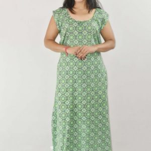 Green Cotton Maxi Nighty Round Neck & Sleeveless With Button