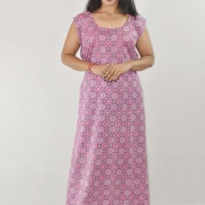 Pink Cotton Maxi Nighty Round Neck & Sleeveless With Button