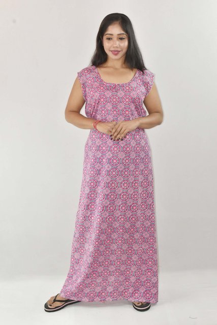Pink Cotton Maxi Nighty Round Neck & Sleeveless With Button