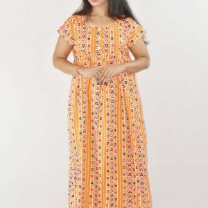 Yellow Cotton Maxi Nighty Round Neck & Short sleeve With Button