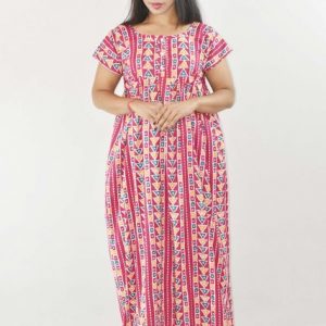 Pink Cotton Maxi Nighty Round Neck & Short sleeve With Button