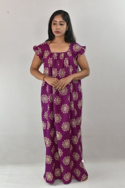 BDROX Purple Maxi Nighty Square Neck Short Sleeves with pleats
