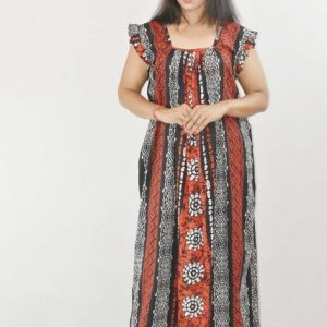 BDROX Red Maxi Nighty Square Neck Short Sleeves with pleats