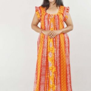 Orange Maxi Nighty Square Neck Short Sleeves with pleats
