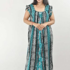 Green Maxi Nighty Square Neck Short Sleeves with pleats