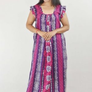 Pink Maxi Nighty Square Neck Short Sleeves with pleats