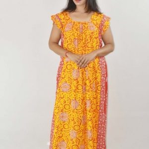 Yellow Maxi Nighty Square Neck Short Sleeves with pleats