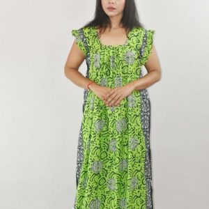 Green Maxi Nighty Square Neck Short Sleeves with pleats
