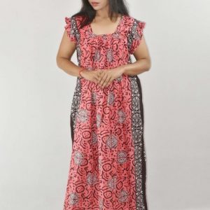 Peach Maxi Nighty Square Neck Short Sleeves with pleats
