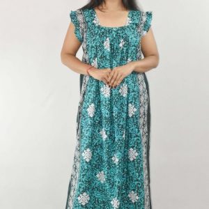 Sky Blue Maxi Nighty Square Neck Short Sleeves with pleats