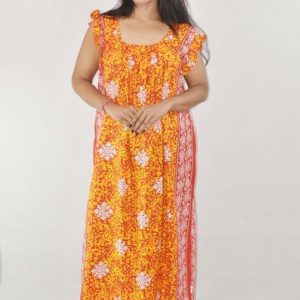 Yellow Maxi Nighty Square Neck Short Sleeves with pleats