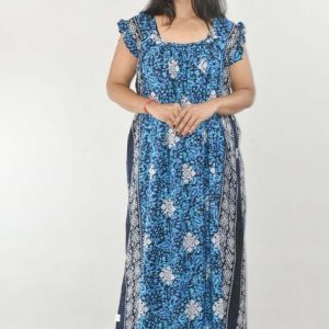 Blue Maxi Nighty Square Neck Short Sleeves with pleats