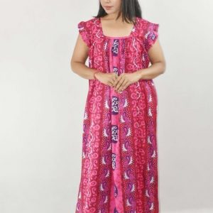 Pink Maxi Nighty Square Neck Short Sleeves with pleats
