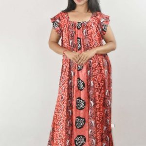 Red Maxi Nighty Square Neck Short Sleeves with pleats