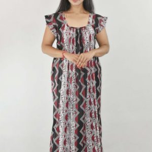 Maroon Maxi Nighty Square Neck Short Sleeves with pleats