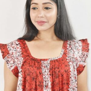 BDROX Red Maxi Nighty Square Neck Short Sleeves with Pleats