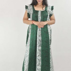 Green Maxi Nighty Square Neck Short Sleeves with pleats