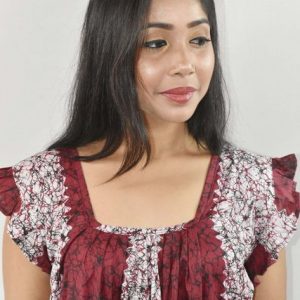 Maroon Maxi Nighty Square Neck Short Sleeves with pleats