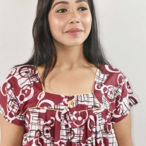 Maroon Maxi Nighty Square Neck Short Sleeves with pleats