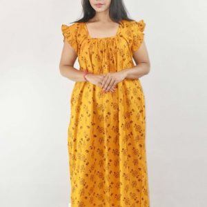 BDROX Yellow Maxi Nighty Square Neck Short Sleeves with Pleats