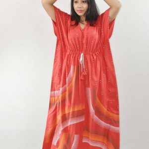 Red Pure Cotton Daman Print Kaftan