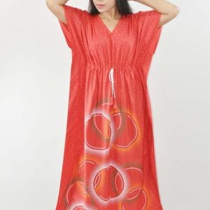 Red Pure Cotton Daman Print Kaftan