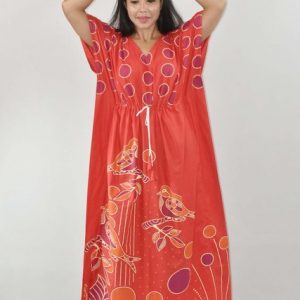 Red Pure Cotton Daman Print Kaftan