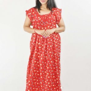 BDROX Red Maxi Nighty Square Neck Short Sleeves with Pleats
