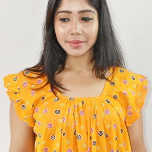 Yellow Maxi Nighty Square Neck Short Sleeves with Pleats