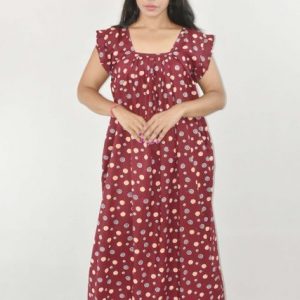 Maroon Maxi Nighty Square Neck Short Sleeves with Pleats