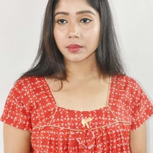 BDROX Red Cotton Maxi Nighty Square Neck Short Sleeves with Pipien