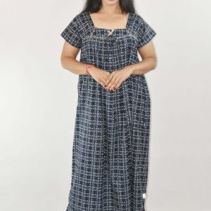 Blue Cotton Maxi Nighty Square Neck Short Sleeves with Pipien