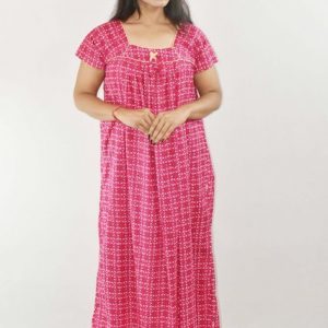 Pink Cotton Maxi Nighty Square Neck Short Sleeves with Pipien