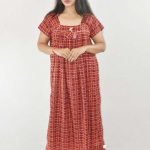 Maroon Cotton Maxi Nighty Square Neck Short Sleeves with Pipien