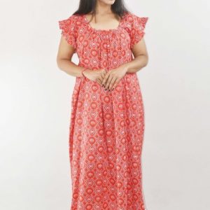 BDROX Red Maxi Nighty Square Neck Short Sleeves with Pleats