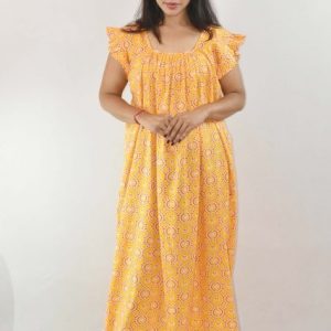 Yellow Maxi Nighty Square Neck Short Sleeves with Pleats
