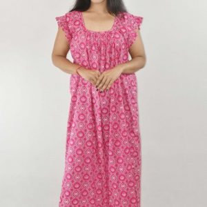 Pink Maxi Nighty Square Neck Short Sleeves with Pleats