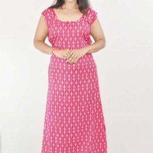 BDROX Pink Cotton Maxi Nighty Round Neck & Sleeveless
