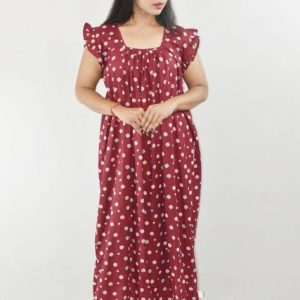 BDROX Maroon Maxi Nighty Square Neck Short Sleeves with Pleats