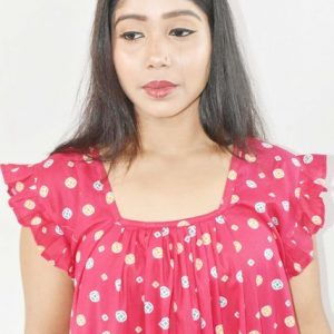 Pink Maxi Nighty Square Neck Short Sleeves with Pleats