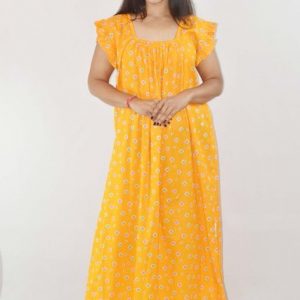 Yellow Maxi Nighty Square Neck Short Sleeves with Pleats