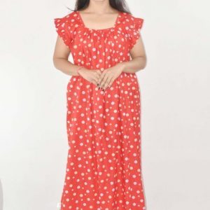 Red Maxi Nighty Square Neck Short Sleeves with Pleats