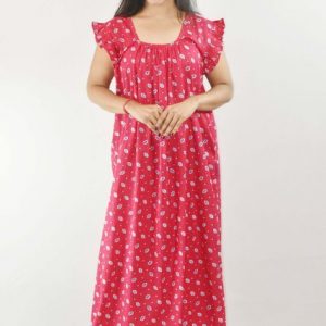 BDROX Pink Maxi Nighty Square Neck Short Sleeves with Pleats