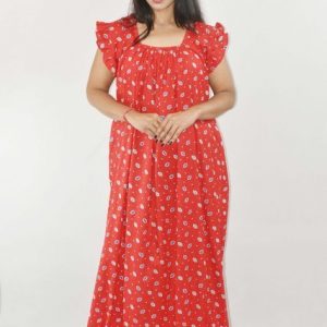 Red Maxi Nighty Square Neck Short Sleeves with Pleats