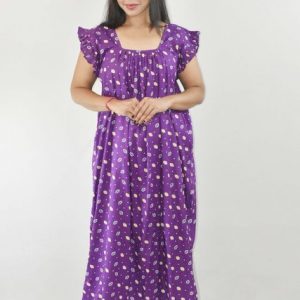 Purple Maxi Nighty Square Neck Short Sleeves with Pleats
